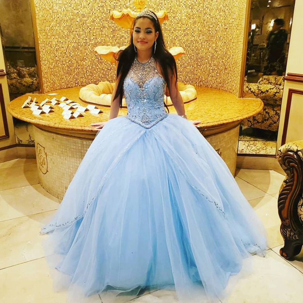 

ANGELSBRIDEP Sky Blue Ball Gown Quinceanera Dresses For 15th Birthday Party Gown Sheer Neck Beading Crystals Vestidos De Fiesta