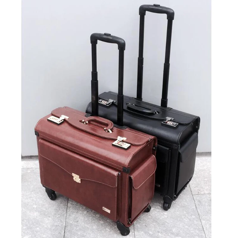 

19" Inch Black Brown Retro Pilot Hand Luggage Lawyer Spinner Cabin Carry On Trolley Travel Bag For Business