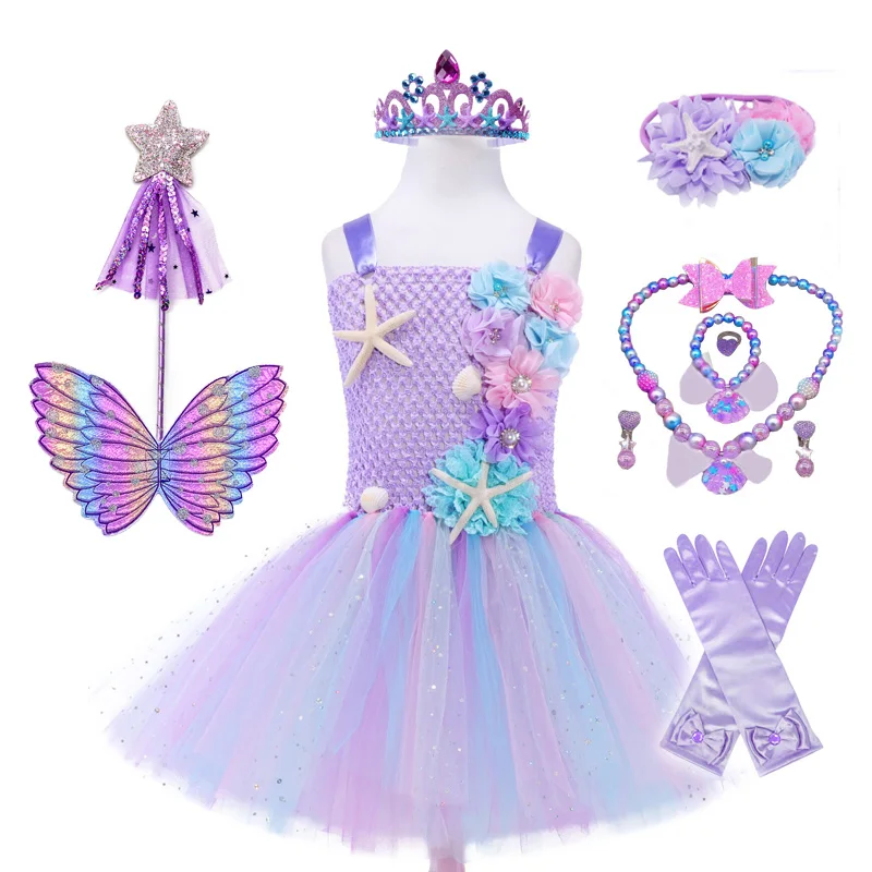 

Girls Pastel Ariel Mermaid Tutu Dress Under the Sea Theme Birthday Party Costume with Flower Headband Ocean Flower Dresses 1-12Y