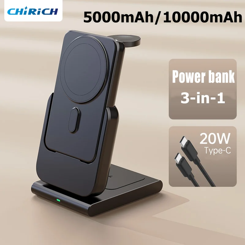 

Magnetic 10000mAh 3in1 Power Bank Foldable Wireless Fast Charger Stand Station External Spare Battery For Apple Watch iPhone15