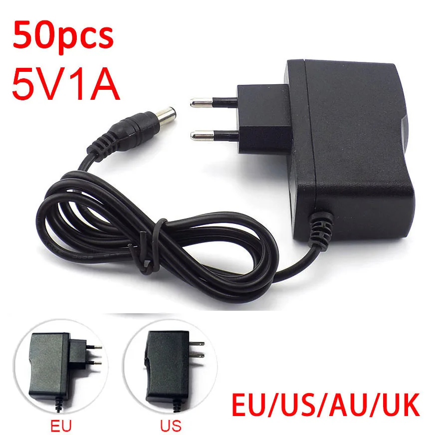 

50pcs 5V 1A 1000mA AC DC Power Adapter supply EU US AU UK Plug Converter adapter charger 5.5x2.1mm for LED Strip cctv Camera C1