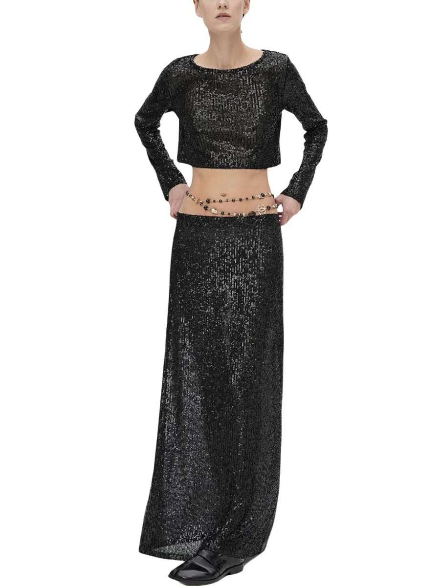 

Women s Sequin Embellished Crop Top with Long Sleeves and Round Neckline - Shimmering Glamorous Party Blouse Perfect for