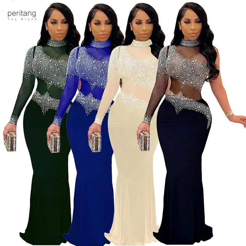 

Rhinestone Women Long Maxi Sheer Mesh Patchwork See Through One Shoulder Evening Party Fitness Sexy Club Bodycon Female Dress