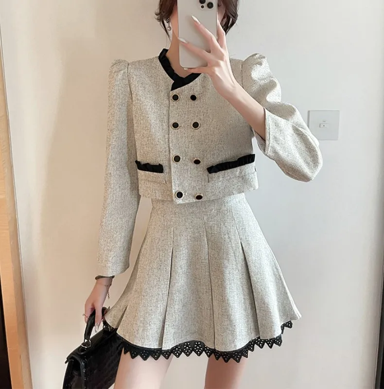 Fashion Small Fragrance Autumn Elegant Office OL Suit Tweed Double-Breasted Short Coat+Ruffles A-Line Mini Skirt Two Piece Set
Fashion Small Fragrance Autumn Elegant Office OL Suit Tweed Double-Breasted Short Coat+Ruffles A-Line Mini Skirt Two Piece Set