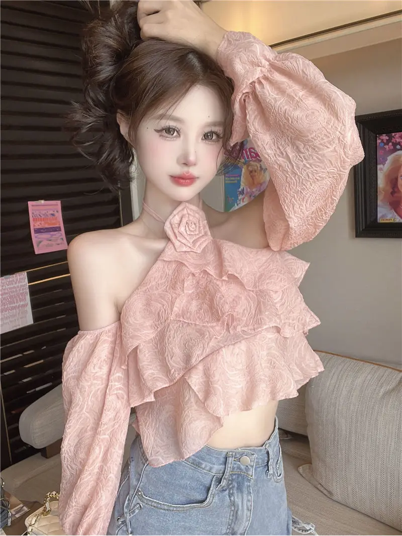 

Korea Chic Three-dimensional Flower Halter Blouse Women Sexy Off Shoulder Flare Sleeve Ruffle Crop Top Spring Y2k Short Shirt