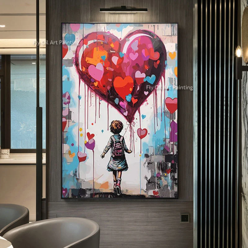 

100% ручная работа маленькая девушка с любовным воздушным шаром картина маслом на холсте простой дизайн настенные картины для домашнего декора