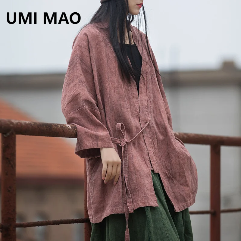 

UMI MAO Ramie Top Tie Dyed Wrinkled Autumn Cotton Hemp Women's New Diagonal Collar Tied Up Shirt Chinese Style Women's Jacket