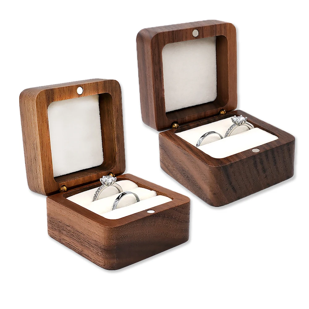 

Wood Double Ring Box Engraved Square Wooden Walnut Ring Case for Wedding Ceremony Engagement Proposal, Ring Bearer Gift Boxes