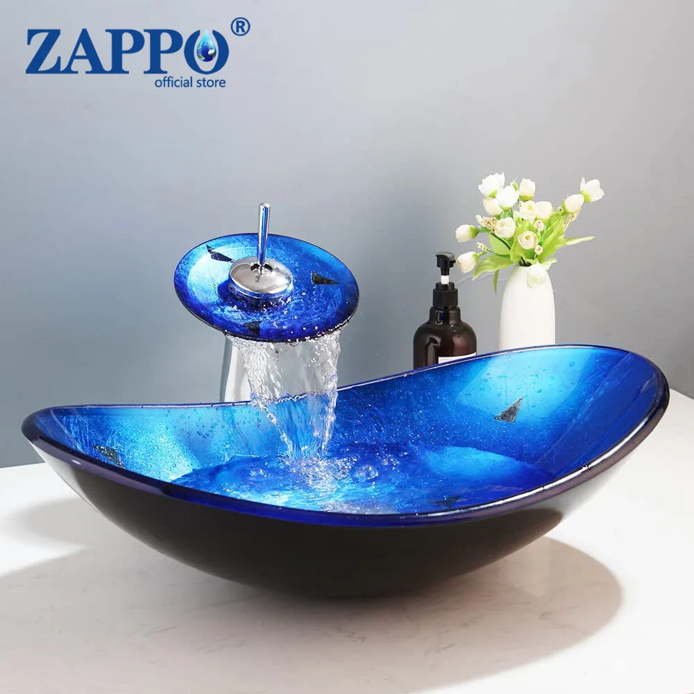 

ZAPPO Bathroom Vanity Blue&Black Oval Tempered Glass Basin Bowl Vessel Sinks Waterfall Faucet Combo Deck Mounted Chrome Mixer
