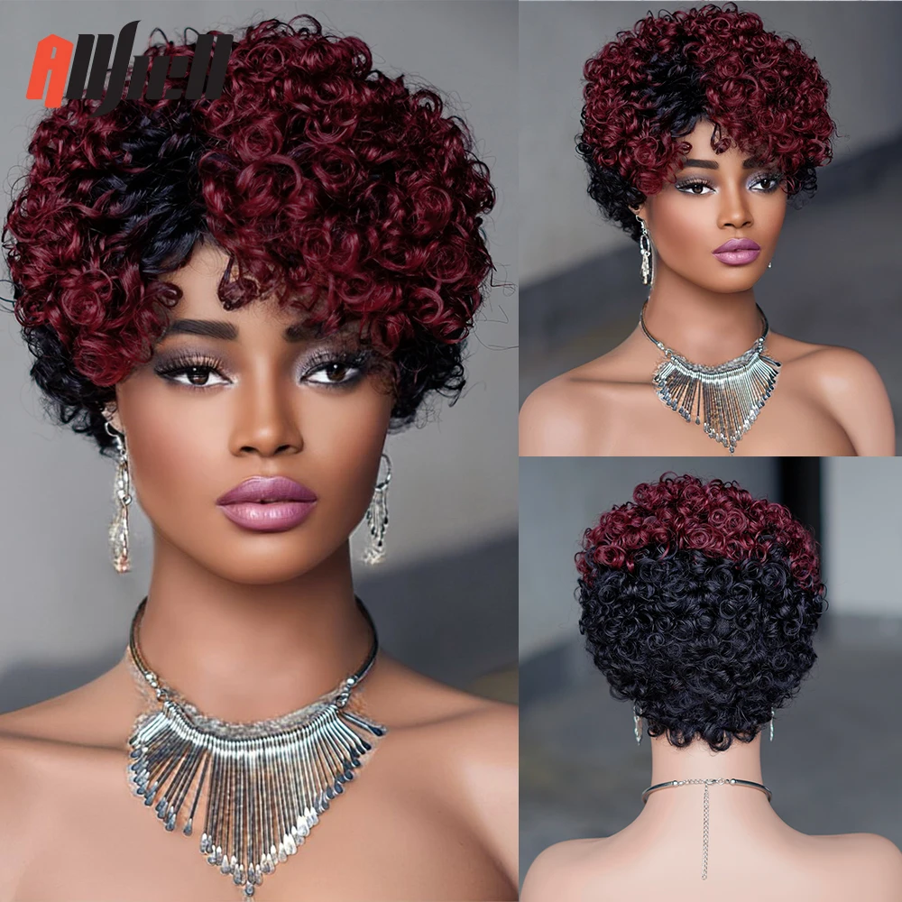 

Short Kinky Curly Pixie Cut Human Hair Wigs For Black Women 100% Remy Brazilian Virgin hair bobo wig Ombre Black Red Human Hair