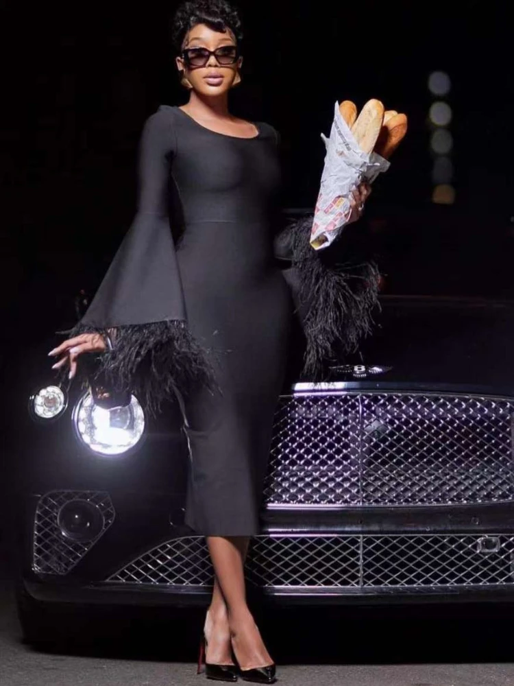 2023 Women's Sexy Black Feathers Flare Sleeve Bodycon Bandage Dress Elegant Gown Party Celebrity Club Dresses Vestidos
2023 Women's Sexy Black Feathers Flare Sleeve Bodycon Bandage Dress Elegant Gown Party Celebrity Club Dresses Vestidos