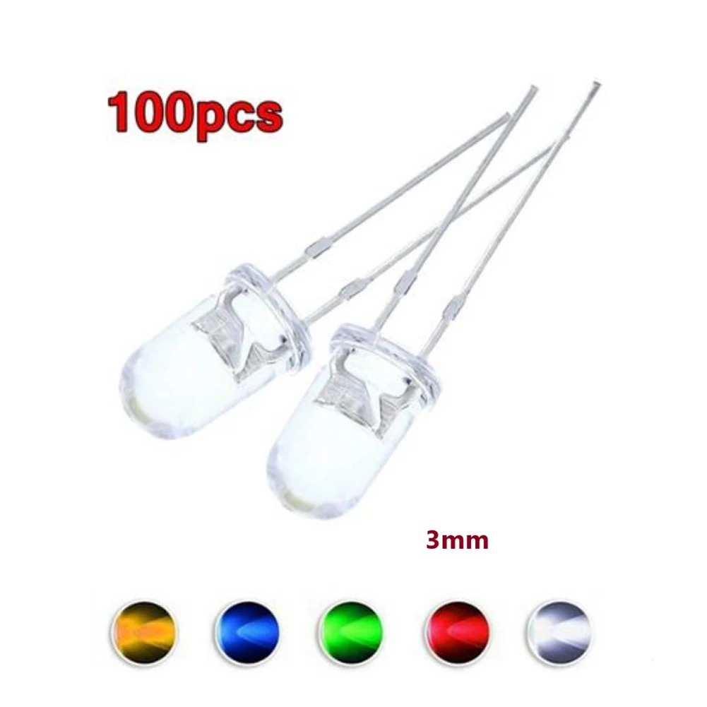 100pcs Ultra Bright 3MM Round Water Clear Green/Yellow/Blue/White/Red LED Light Lamp Emitting Diode Dides Kit
100pcs Ultra Bright 3MM Round Water Clear Green/Yellow/Blue/White/Red LED Light Lamp Emitting Diode Dides Kit