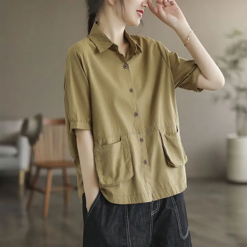 100% Cotton Shirts Women Art Vintage Solid Color Loose Shirt Fashion Design Casual Loose Short Sleeve Blouse 2024 Summer Trend
100% Cotton Shirts Women Art Vintage Solid Color Loose Shirt Fashion Design Casual Loose Short Sleeve Blouse 2024 Summer Trend