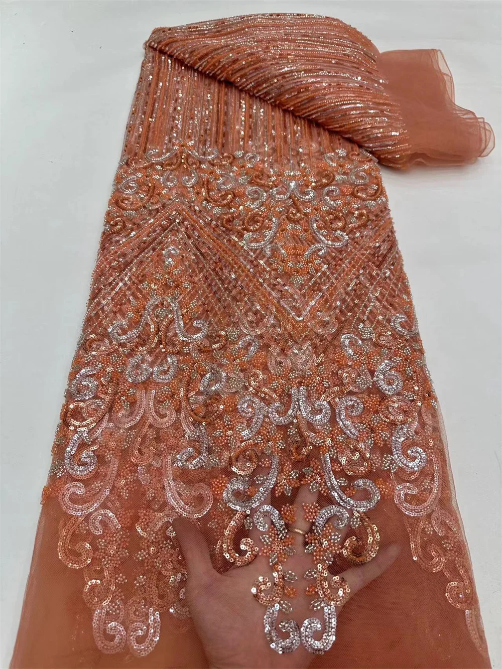 

Peach African Beads lace Fabric 2024 High Quality Sequins Embroidery French Beaded Tulle Laces For Nigerian Wedding Dresse A69-2