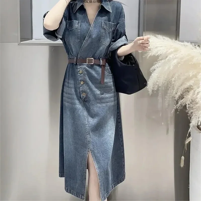 Vintage Denim Dress Women's Clothing 2024 Summer New Slim Temperament Fashion Casual Split Jean Dress Female with Pockets L140
Vintage Denim Dress Women's Clothing 2024 Summer New Slim Temperament Fashion Casual Split Jean Dress Female with Pockets L140