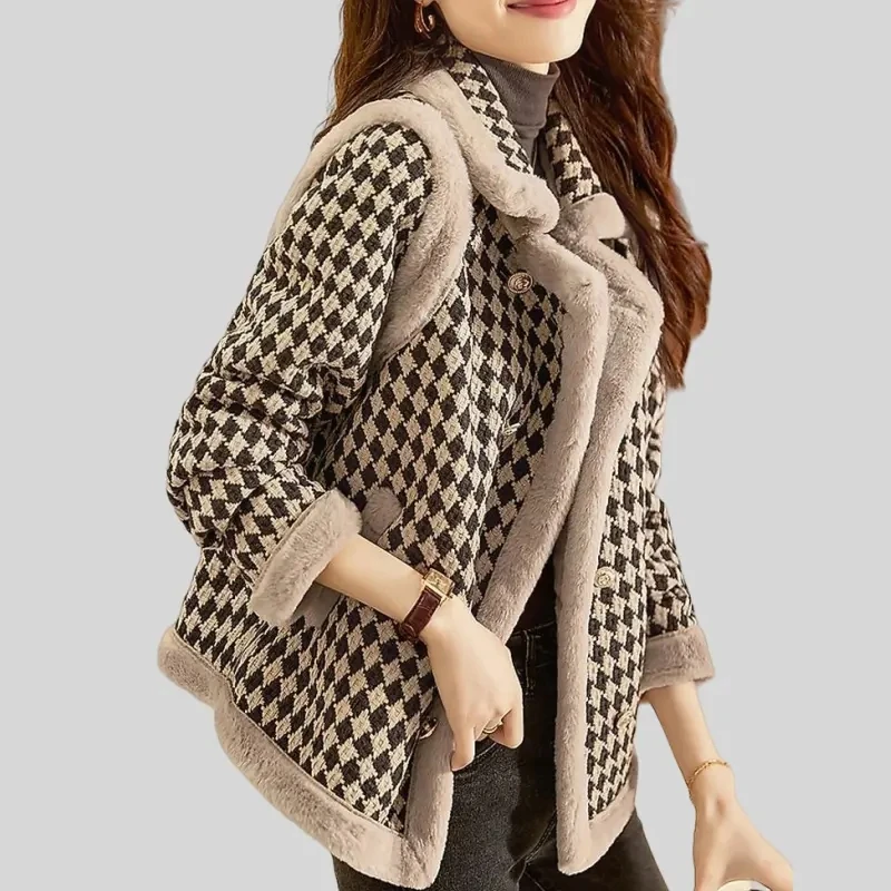 

New Autumn Winter Jacket Women Fashion Small Fragrant Plaid Coat Korean Loose Plush Thicken Warm Woolen Overcoat Padded Coat 5XL