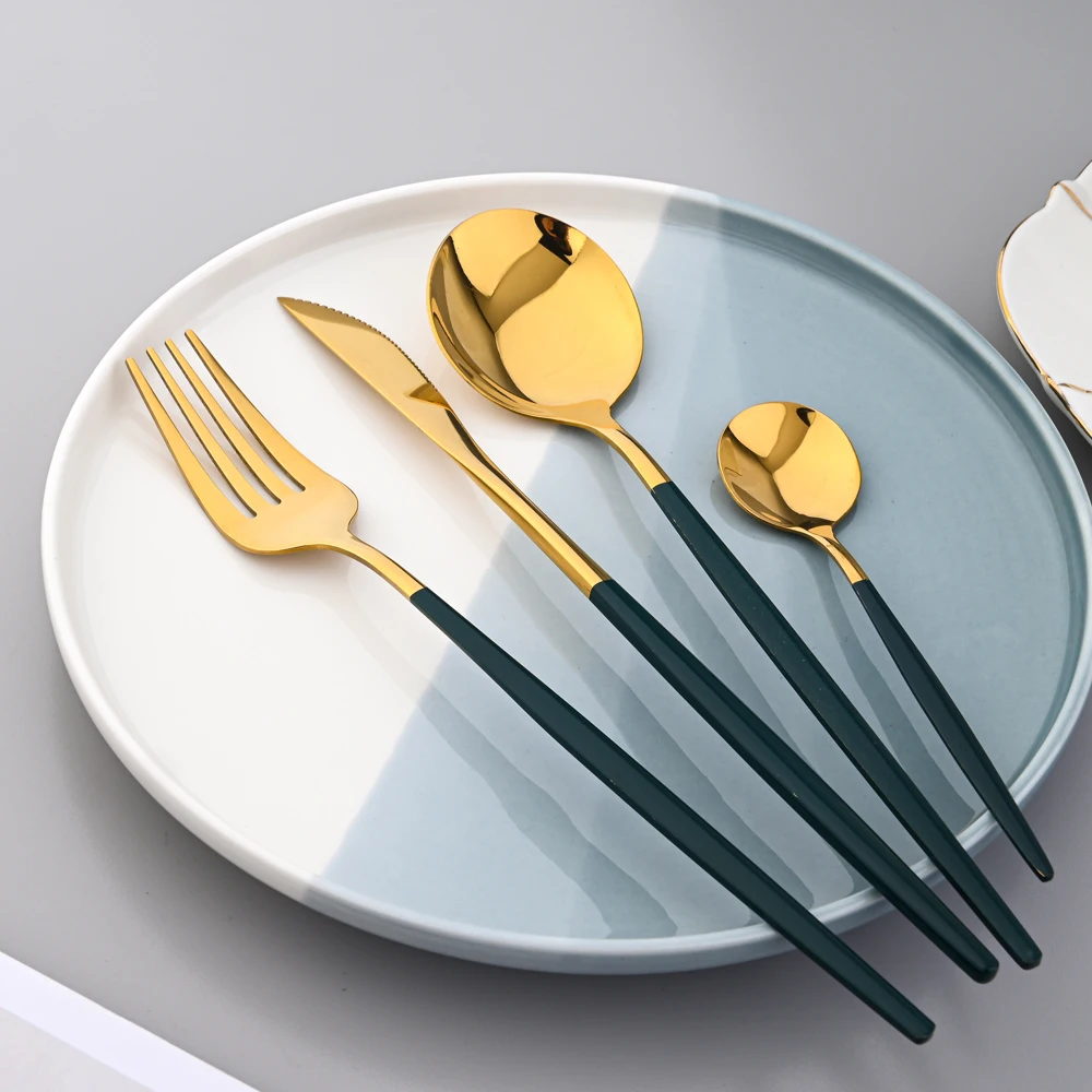 24Pcs Cutlery Set Stainless Steel Tableware Green Gold Dinnerware Set Mirror Knife Fork Tea Spoon Flatware Set Party Silverware
24Pcs Cutlery Set Stainless Steel Tableware Green Gold Dinnerware Set Mirror Knife Fork Tea Spoon Flatware Set Party Silverware