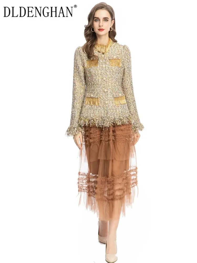 Женский твидовый костюм DLDENGHAN, осенне-зимний клетчатый пиджак с воротником-стойкой и бахромой и сетчатая юбка с эластичным поясом, комплект из двух предметов, модная новинка
Женский твидовый костюм DLDENGHAN, осенне-зимний клетчатый пиджак с воротником-стойкой и бахромой и сетчатая юбка с эластичным поясом, комплект из двух предметов, модная новинка