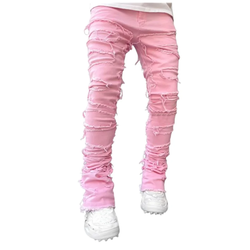 

Pink Fashion Stretchy Patch Jeans Men Tassels Destroyed Ripped Broken Denim Pants High Street Y2K Patchwork Pants Male Trousers