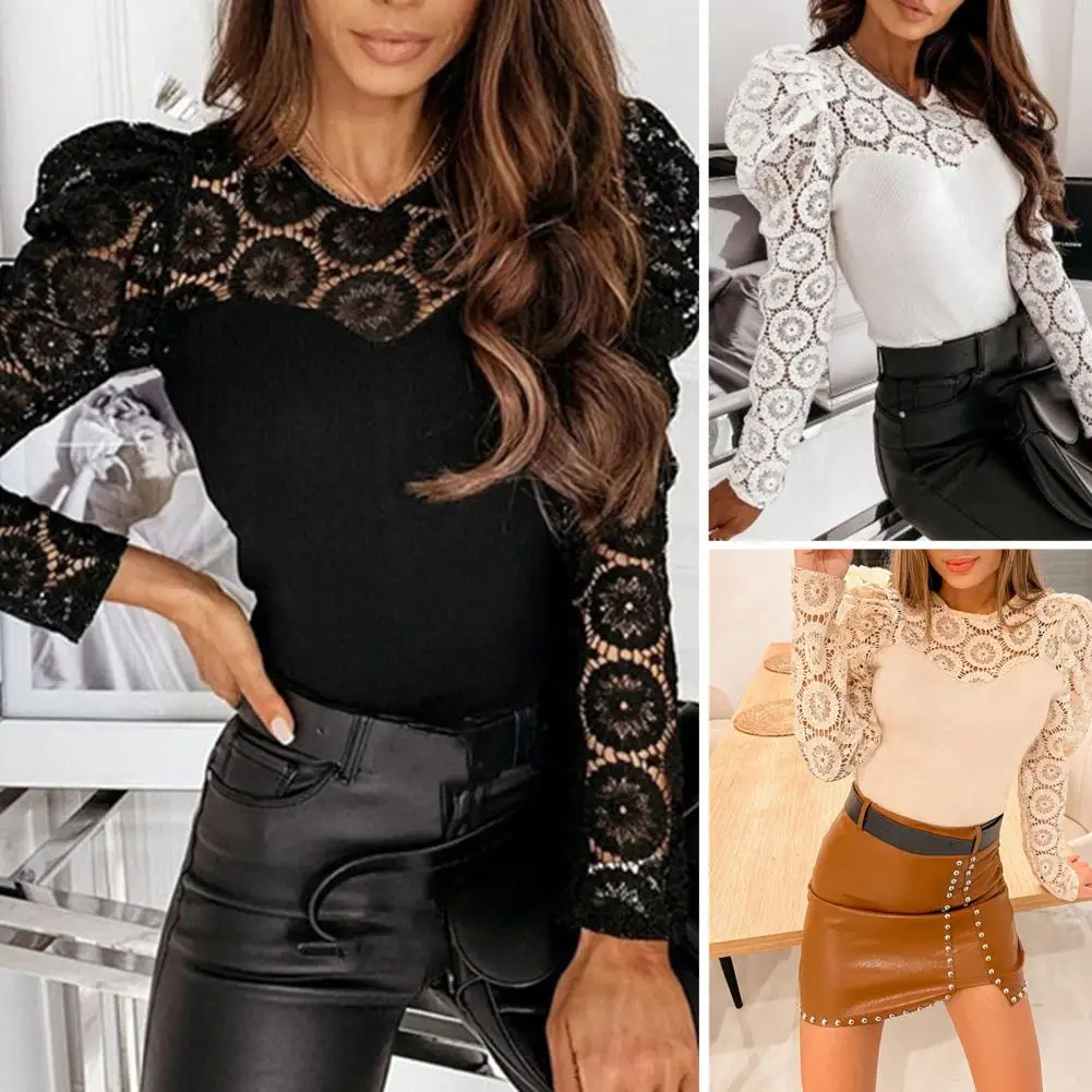 

Women Soft Stretchy T-shirt Puff Sleeve Lace Splicing Shirt Elegant Lace Patchwork Slim Fit Long Sleeve Shirt for Women Round