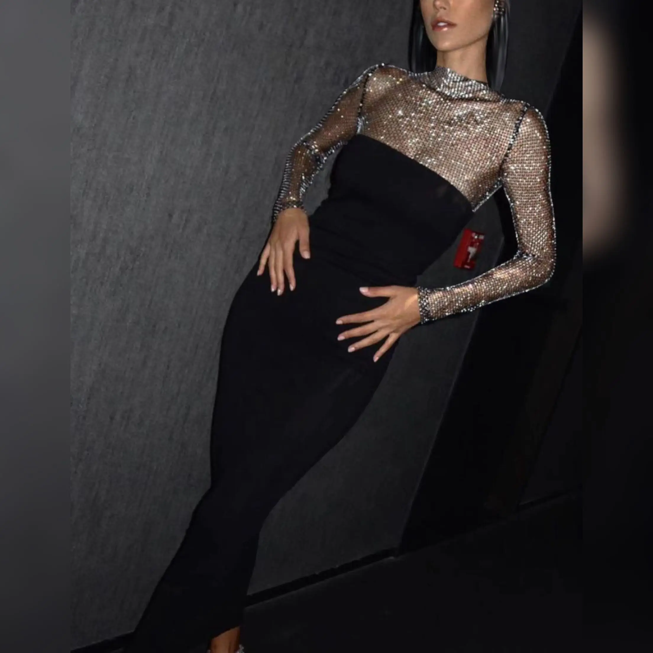 

2023 High Quality Black Color Shining Diamonds Mesh Mid Calf Dress Graceful Woman Bodycon Bandage Dress Cocktail Party Outfit