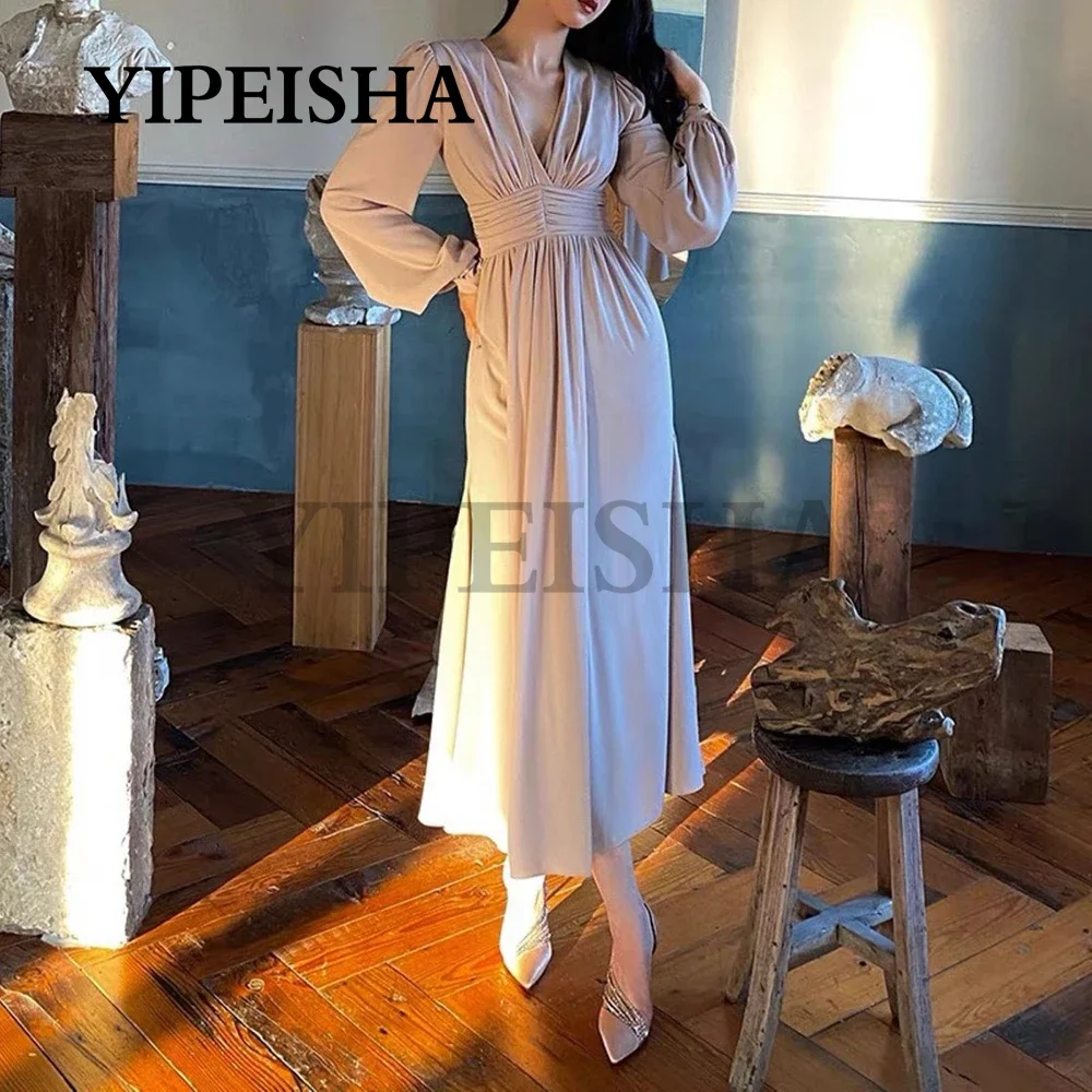 Simple V-Neck A-Line Cocktail Dresses Long Sleeve Pleat Tea-Length Party Dress Women Daily dress robe de soirée femme vestidos
Simple V-Neck A-Line Cocktail Dresses Long Sleeve Pleat Tea-Length Party Dress Women Daily dress robe de soirée femme vestidos