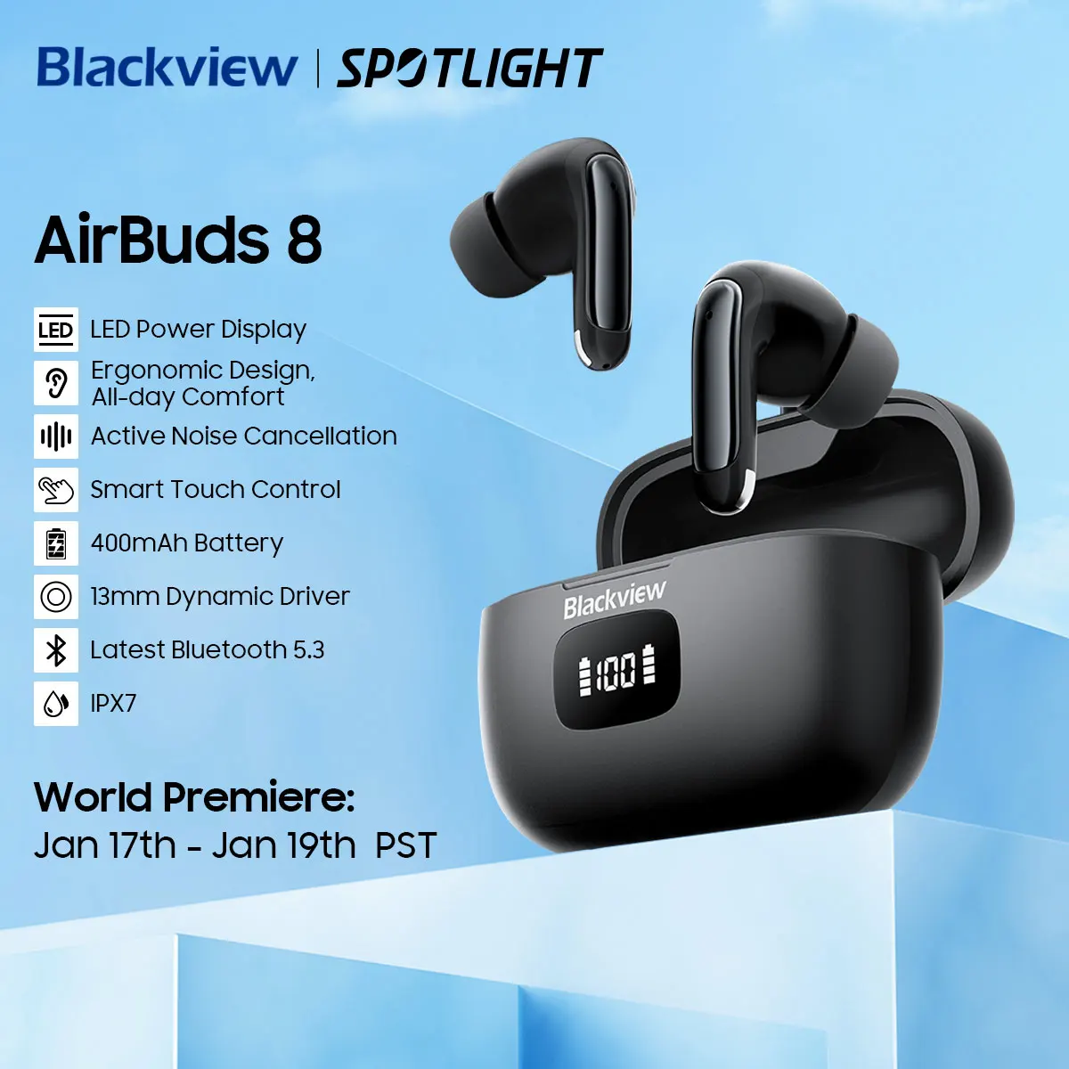 Blackview-Écouteurs Bluetooth 5.3 TWS AirBuds 8, casque d'écoute sans fil, commande tactile, pour sauna, avec microphone 1