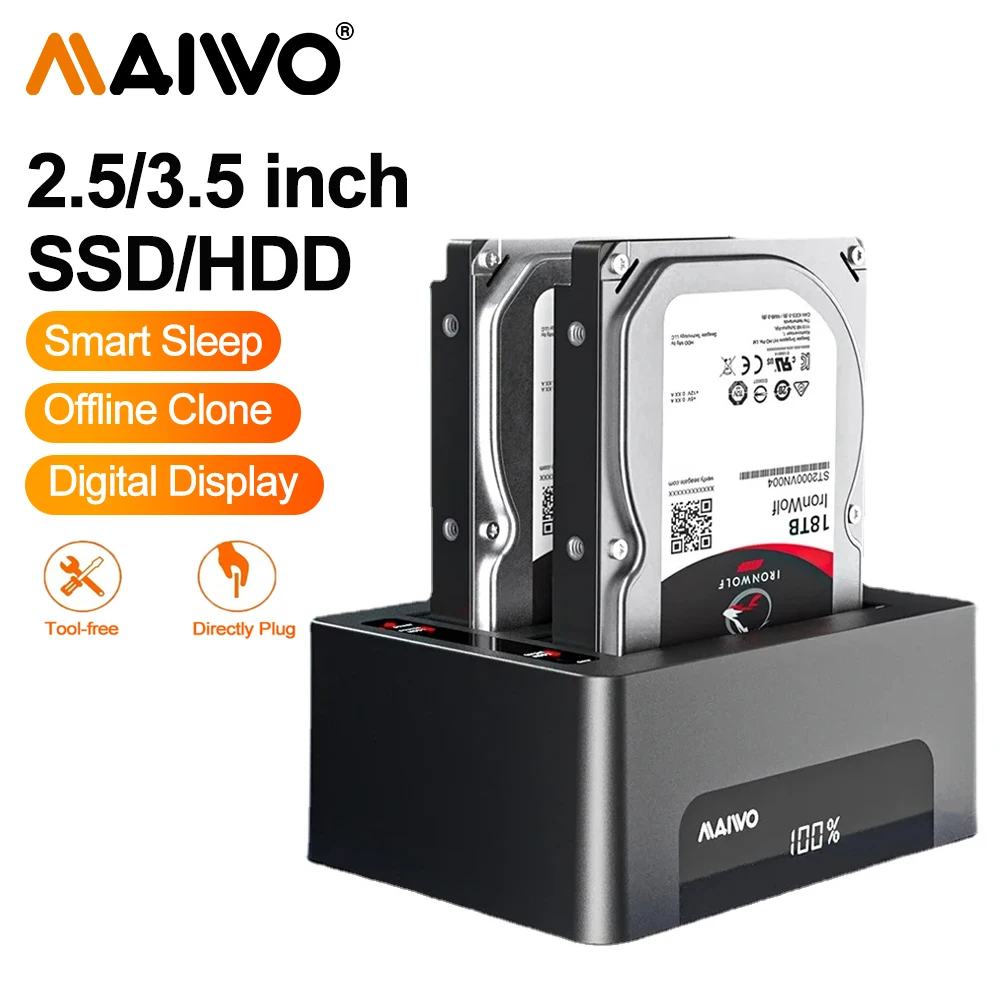 

MAIWO Dual Bay USB 3.0 to SATA External Hard Drive Enclosure Clone Docking Station for 2.5" / 3.5" HDD/SSD SATA Hard Drive Dock