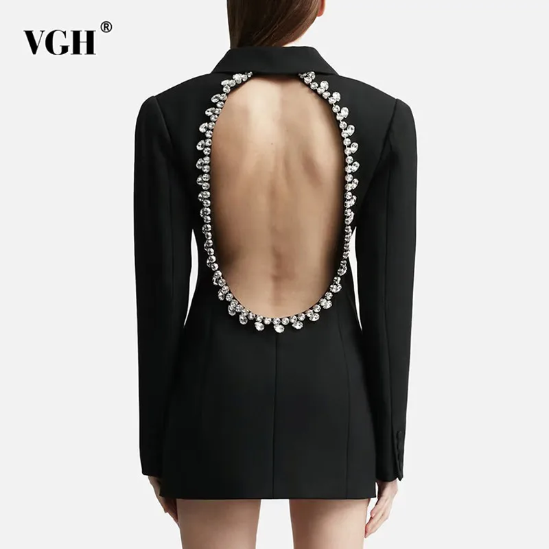 

VGH Solid Patchwork Diamonds Backless Blazers Notched Collar Long Sleeve Tunic Spliced Button Temperament Dresses Female Style