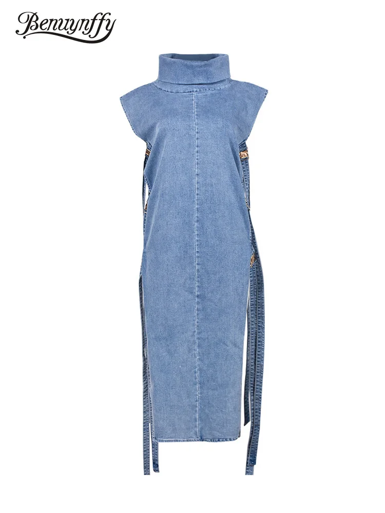 Benuynffy Turtleneck Sleeveless Denim Dress Women Sexy Club Buckle Side Split Mid Long Dresses Party Fashion Ladies Streetwear
Benuynffy Turtleneck Sleeveless Denim Dress Women Sexy Club Buckle Side Split Mid Long Dresses Party Fashion Ladies Streetwear