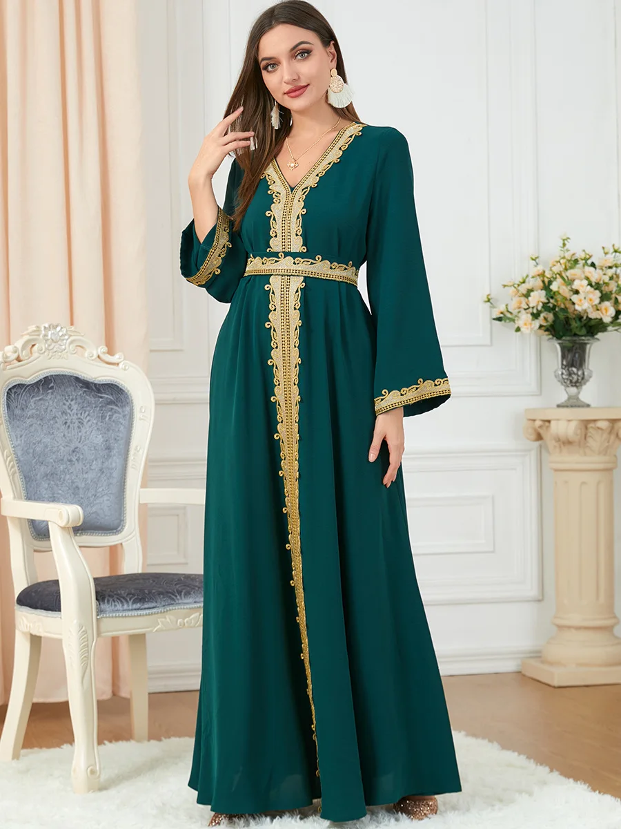 

Dresses For Muslim Women Lace Embroidery V-Neck Long Sleeve Party Maxi Dress With Belt Elegant Moroccan Kaftan Turkey Wears