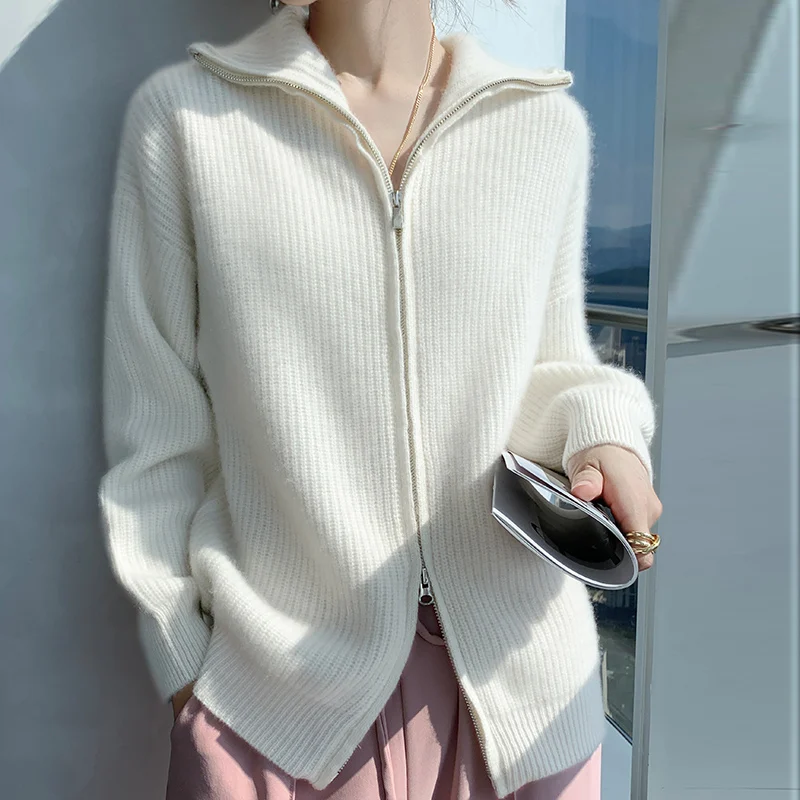 

Fall/Winter 2023 New 100% Pure Wool Lapel Zipper Cardigan Female Commuter Joker Solid Color Knitted Cashmere Sweater