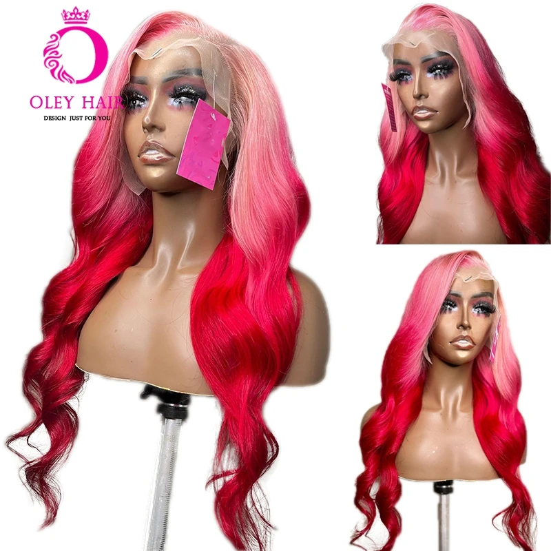 

Pink Color Ombre 30 Inch Body Wave 13x4 Synthetic Lace Front Wig Pre Plucked Drag Queen Cosplay Wig For Black Women 180 Density
