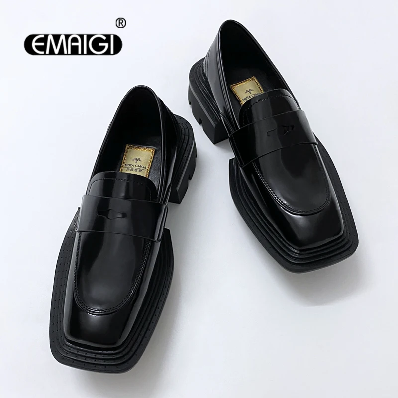 

Men Genuine Leather Square Sole Vintage Dark Fashion Casual Loafer Shoes Man Streetwear Real Cowhide Leather Derby Shoes