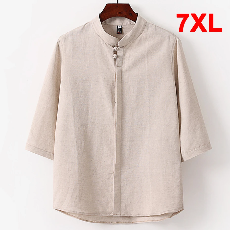 

Summer Linen Shirts Men Plus Size 7XL Shirts Three-quarter Sleeve Fashion Casual Solid Color Shirt Male Big Size Tops Khaki
