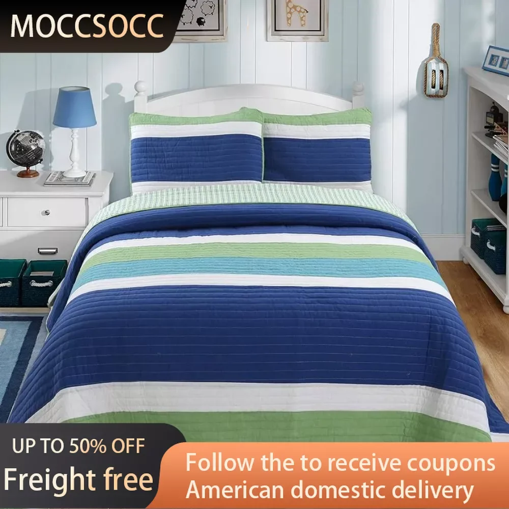 

Покрывало на кровать (синее/зеленое двухместное, темно-синее, зеленое, белое Полосатое 100% хлопковое двустороннее постельное белье, одеяло для сна