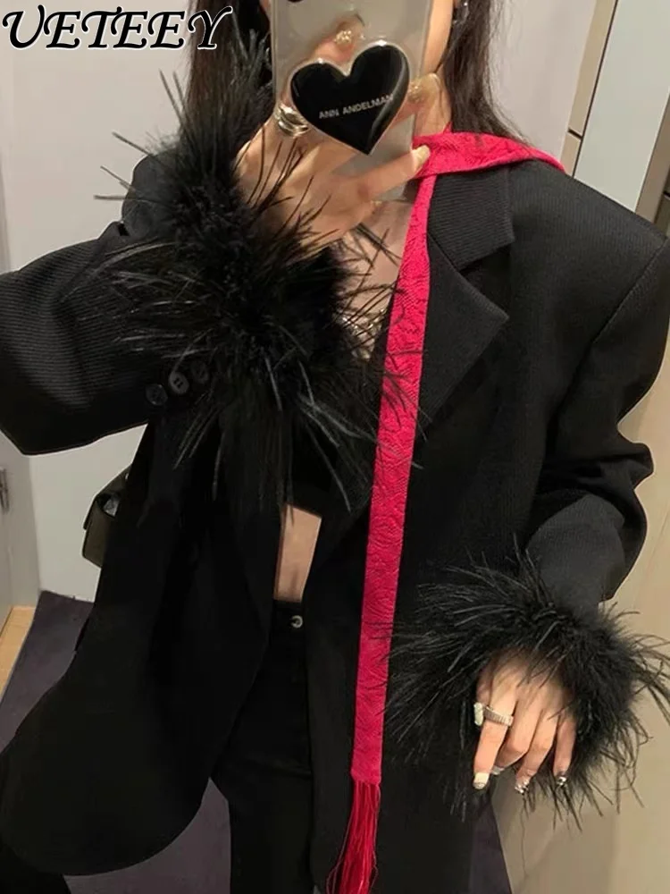

Socialite Street Tassel Feather Mid-Length Suit Coat Women Autumn and Winter New Design Loose Ostrich Fur Black blazer jacket