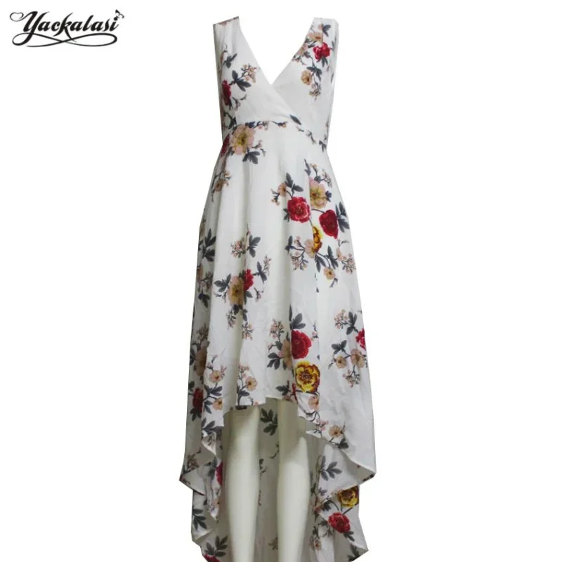 

YACKALASI Women Dress Floral Print Deep V Neck Dip Hem Maxi Sex Beach Style Maxi Dress Summer Women Vestidos Slim Sleeveless