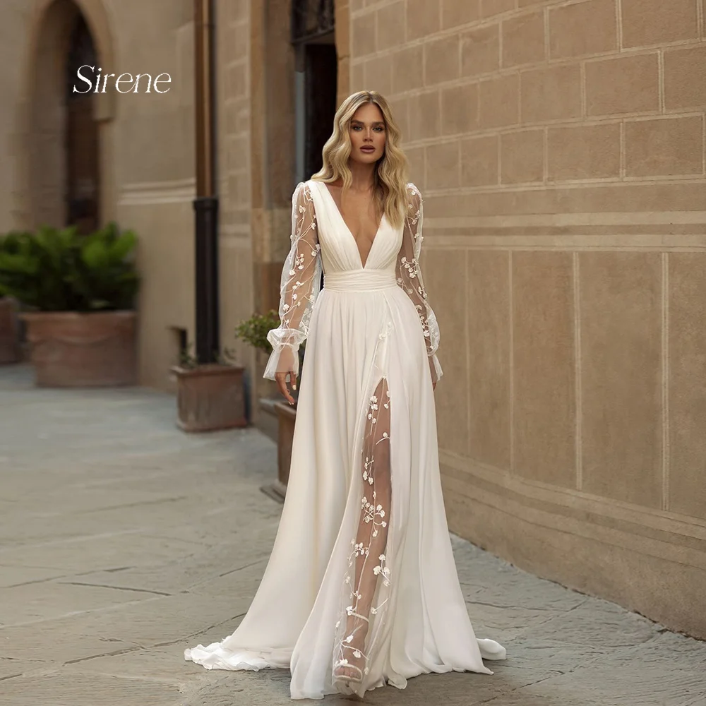 

Sirene Beach Lace Applique Chiffon Wedding Dresses High Side Slit A-line V-neck Backless Bride Gown Vestido De Novia Custom Made