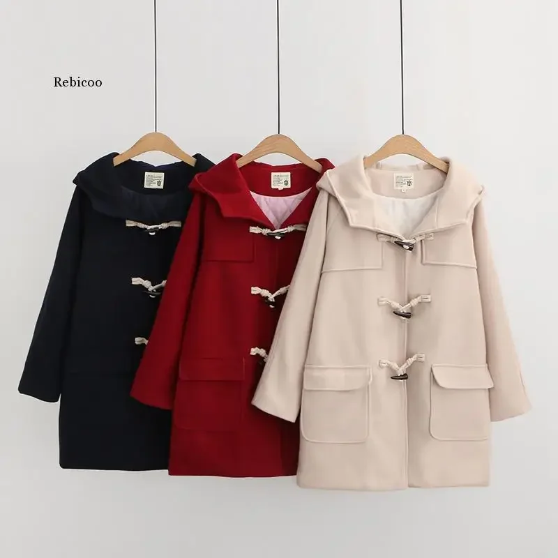 

Women Long Wool Blends 2023 Winter Loose Warm Coat Hooded Wool Coats Office Work Wear Horn Button Legant Coat