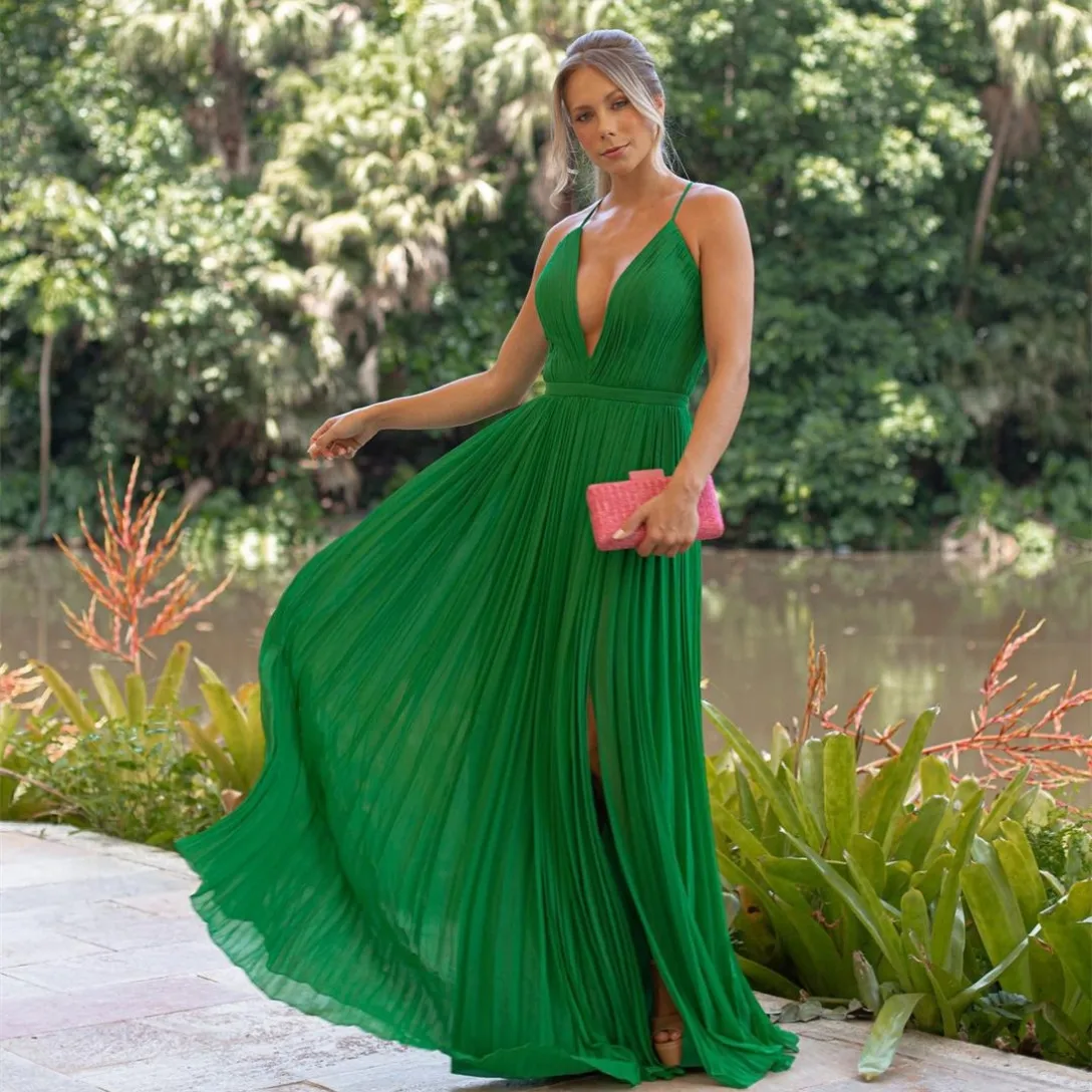 

Женское вечернее платье с разрезом, зеленое Элегантное Длинное Платье-трапеция на тонких бретельках, с V-образным вырезом, длиной до пола, бальное платье для выпускного вечера