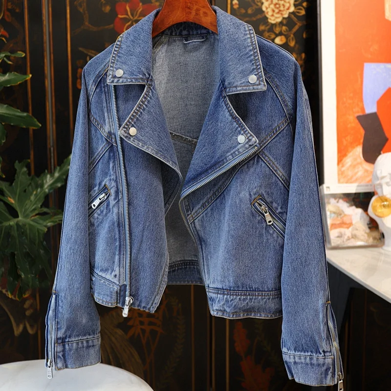 

Женская Повседневная мотоциклетная джинсовая куртка VOLALO, свободная винтажная однотонная короткая ковбойская куртка на молнии с лацканами, весна-осень