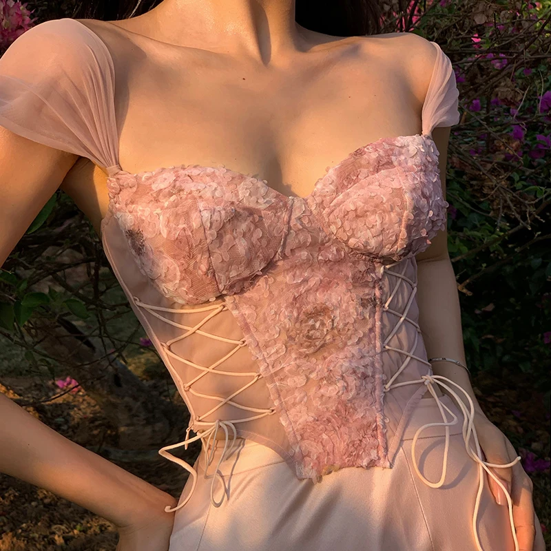 

Pink Flower Corset Tops and Skirt 2PC Elegant Spring Lace-up Bustier Evening Party Dress Birthday Photo Gowns for Women 2024