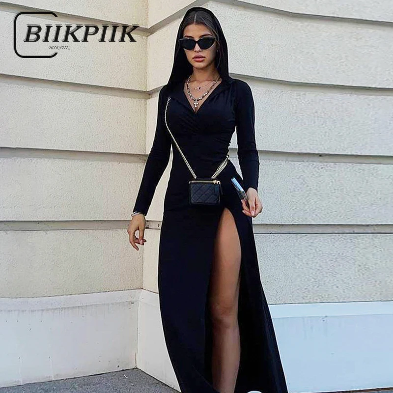 

BIIKPIIK Elegant Hooded High Vent Lady Dress Casual Concise Black Long Sleeve Dress Sexy Slim Outfits Evening Party Gown Autumn
