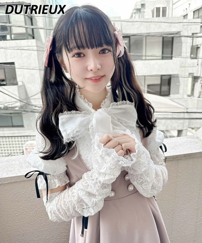 

Japanese Rojita Mine Series Lace Bow Blouse Women Mass-Produced Popular Bow Detachable Puff Sleeve Lace Shirt Sweet Blusas Top