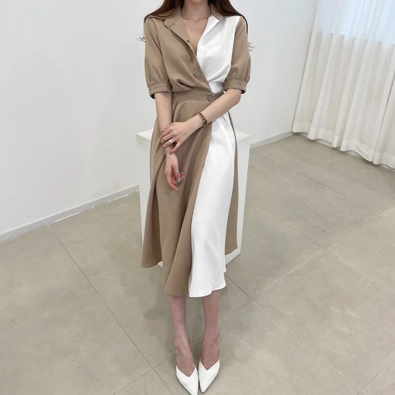 Dress Women Short Puff Sleeve Patchwork Fashion Turn Down Collar Simple Korean Style Mid-calf Tunic Female Popular All Match Ins
Dress Women Short Puff Sleeve Patchwork Fashion Turn Down Collar Simple Korean Style Mid-calf Tunic Female Popular All Match Ins