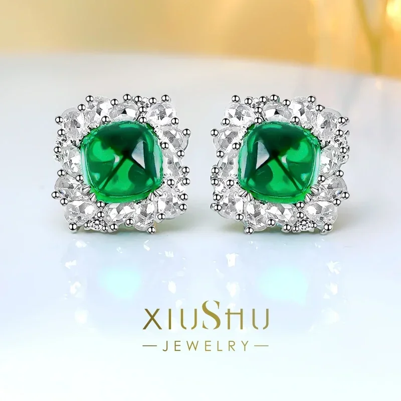 

Luxury niche design green sugar tower 925 pure silver earring studded with high carbon diamond engagement gift wedding jewelry