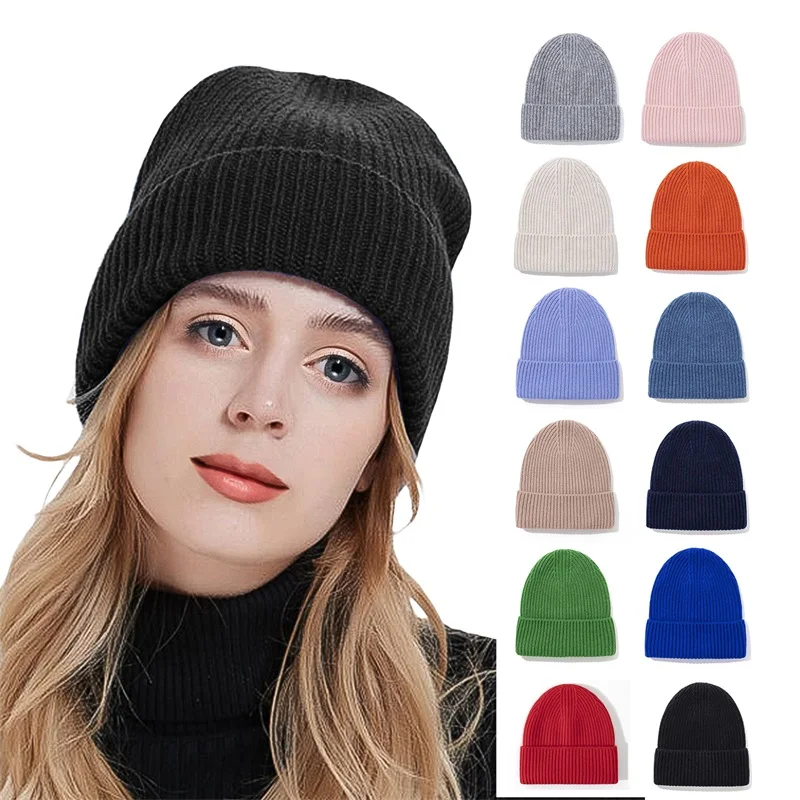 

Casual Women's Hat Real Rabbit Fur Beanie Ladies Autumn Winter Cashmere Hats Three Fold Thick Knitted Girls Skullies Beanies Cap