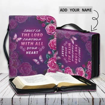 Purple Floral Butterflies Print Ladies Leather Holy Bible Bag Trust in The Lord Print Women Presonalized Christian Bags 2023
