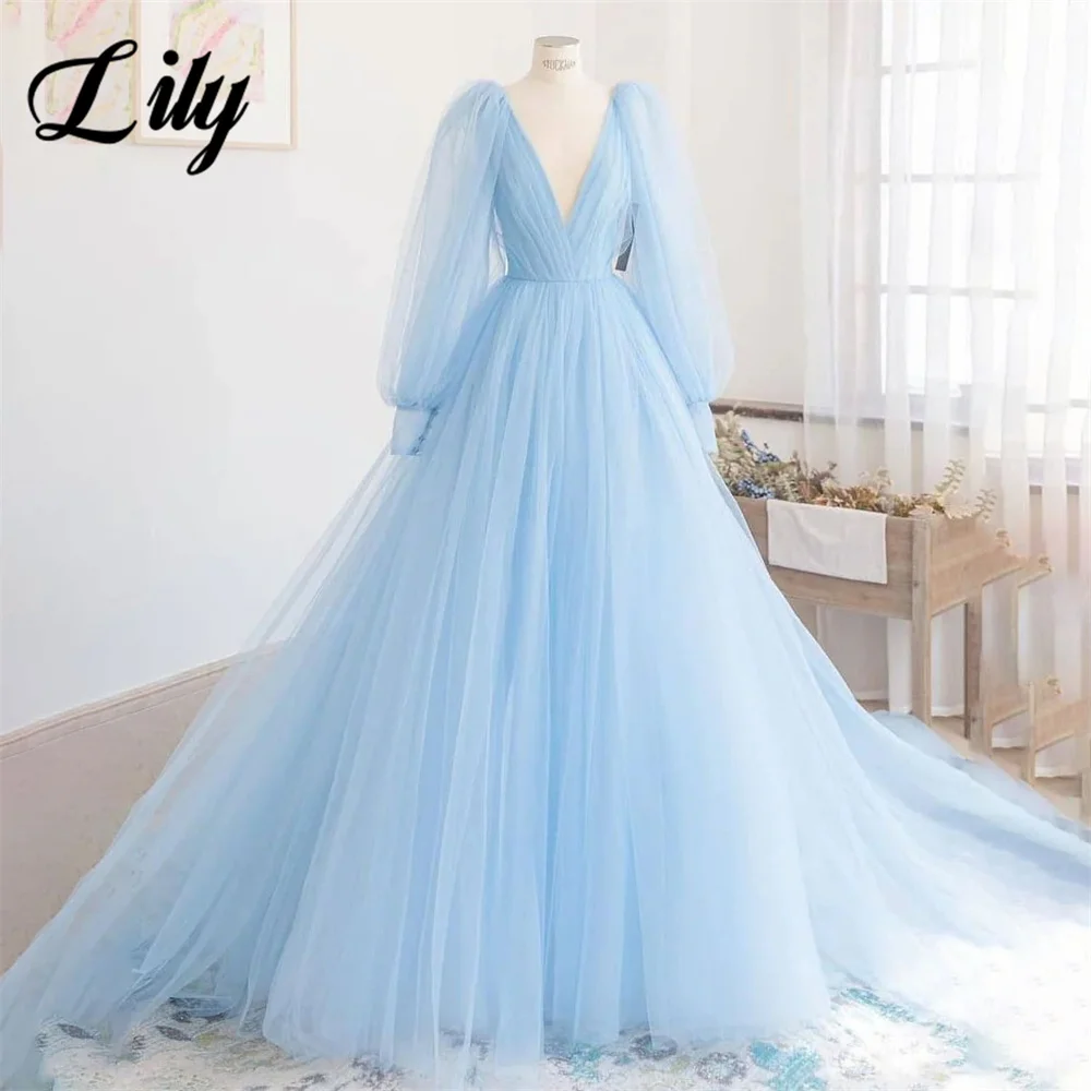 

Lily Sky Blue Net Evening Dresses V Neck Charming Prom Dress with Long Sleeves A Line Pleat Party Dresses vestidos de noche